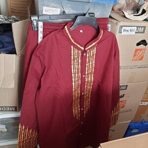 Man Gold Embroidery Formal Wear Extra Long Dress Set Burgundy Size 3XL